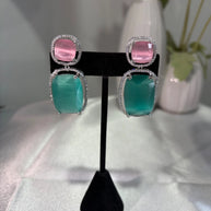 Pink Teal CZ Drop Earrings Silver Tone Statement Fashion Jewelry