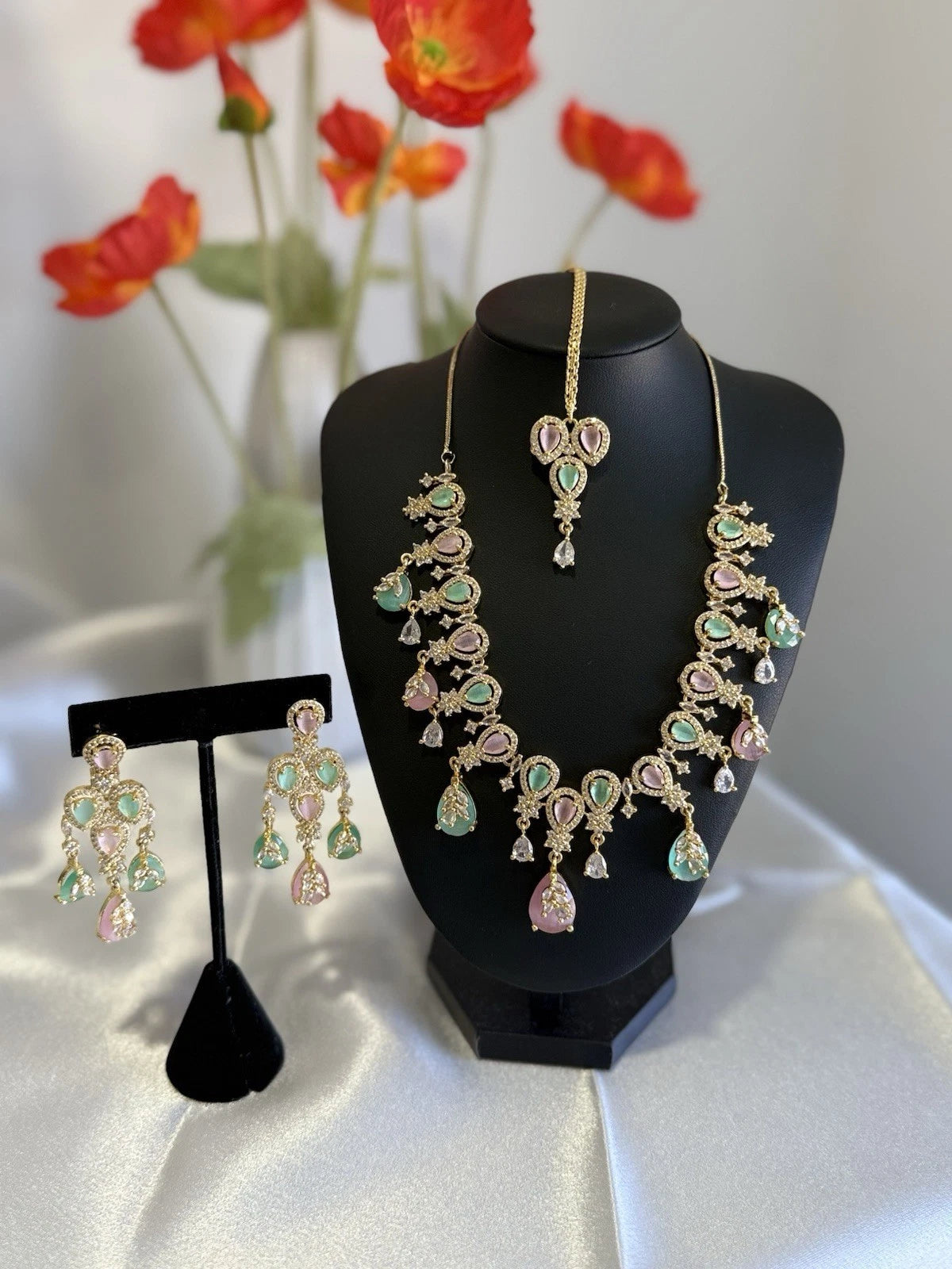 Pastel Pink Mint Gold Tone Necklace Earrings Tikka Pakistani Jewelry Set
