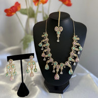 Pastel Pink Mint Gold Tone Necklace Earrings Tikka Pakistani Jewelry Set