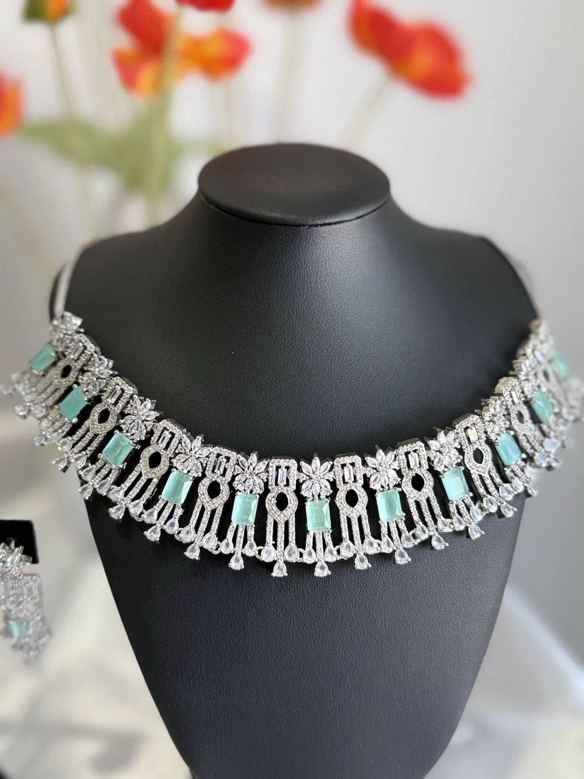 Mint Green CZ Choker Necklace Earrings Set Silver Tone Pakistani Jewelry
