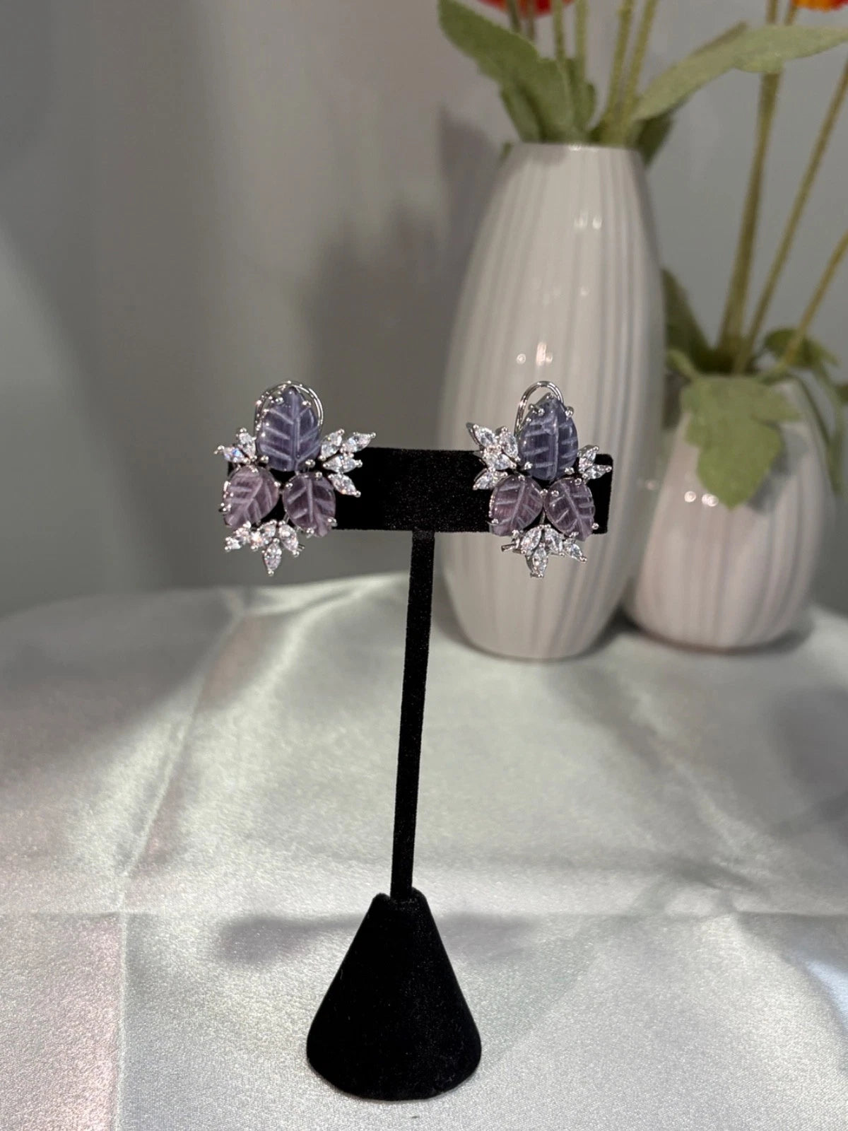 Lavender Pink Leaf CZ Stud Earrings Silver Tone Floral Statement Jewelry