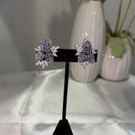 Lavender Pink Leaf CZ Stud Earrings Silver Tone Floral Statement Jewelry