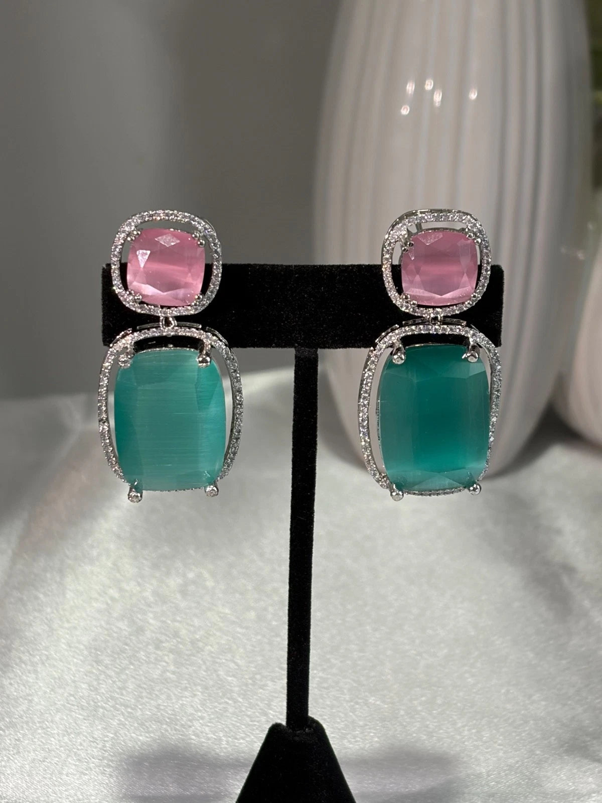 Pink Teal CZ Drop Earrings Silver Tone Statement Fashion Jewelry
