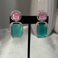 Pink Teal CZ Drop Earrings Silver Tone Statement Fashion Jewelry