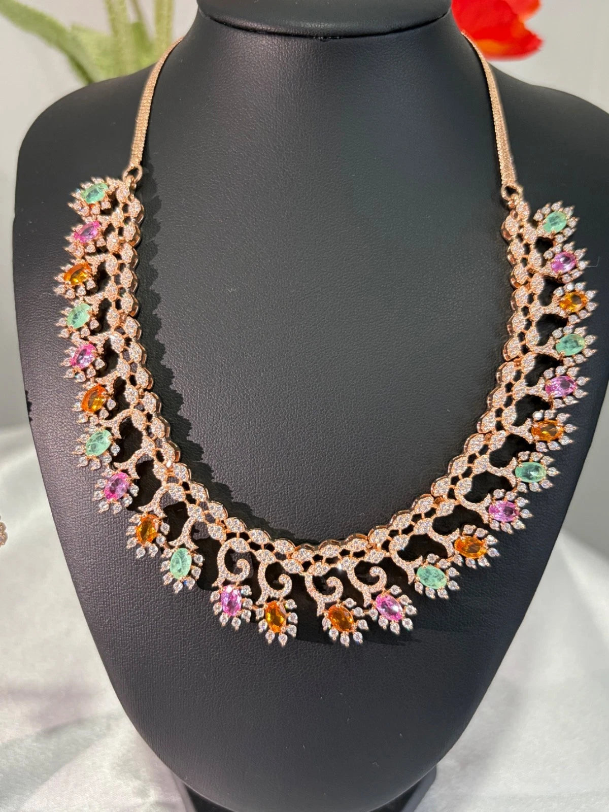 Rose Gold Multicolor CZ Necklace Earrings Set Indian Pakistani Bridal Jewelry