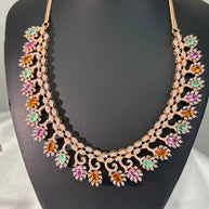 Rose Gold Multicolor CZ Necklace Earrings Set Indian Pakistani Bridal Jewelry