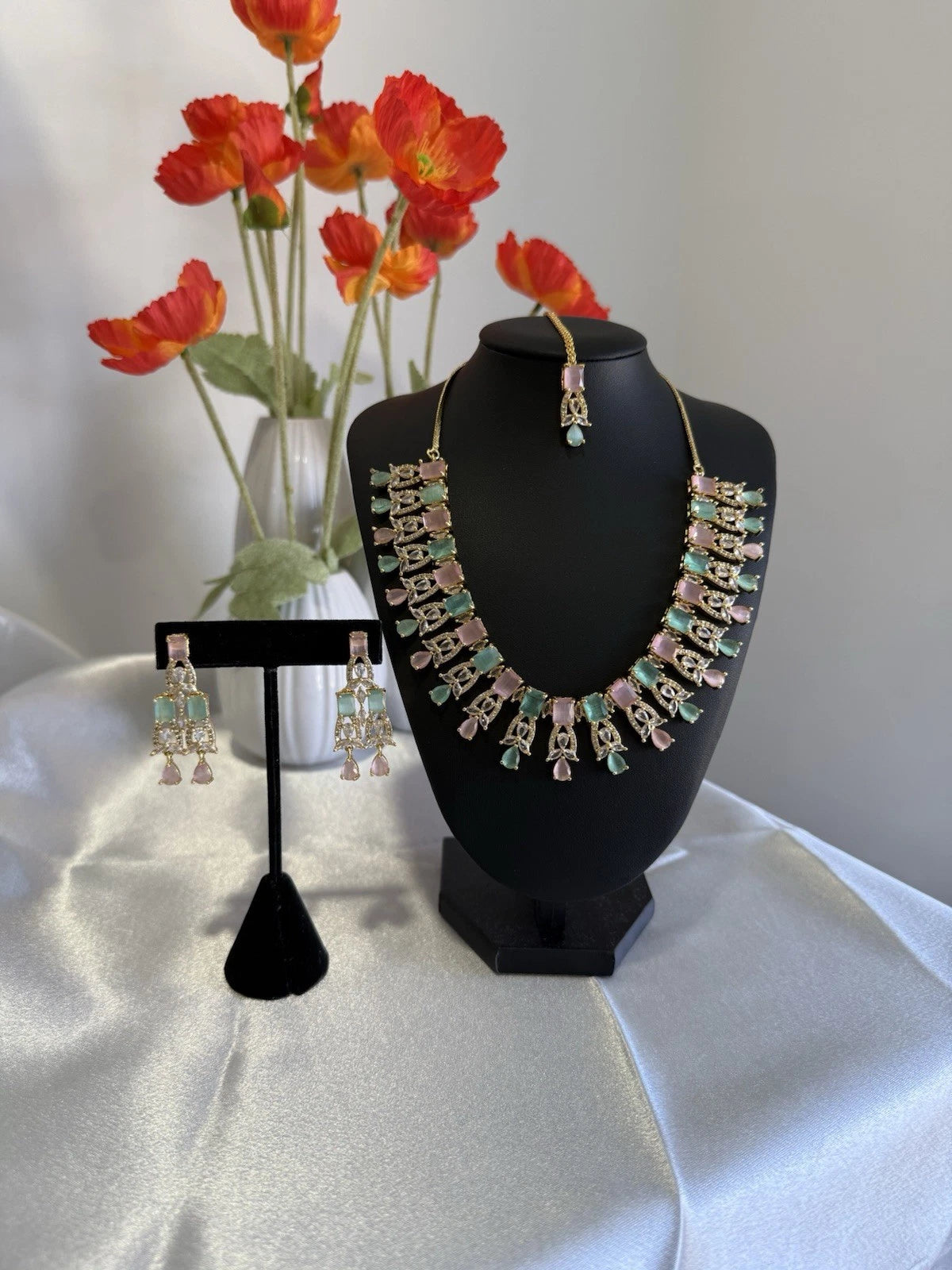 Pastel Pink Mint CZ Necklace Earrings Tikka Set Gold Tone Jewelry