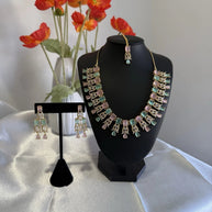Pastel Pink Mint CZ Necklace Earrings Tikka Set Gold Tone Jewelry