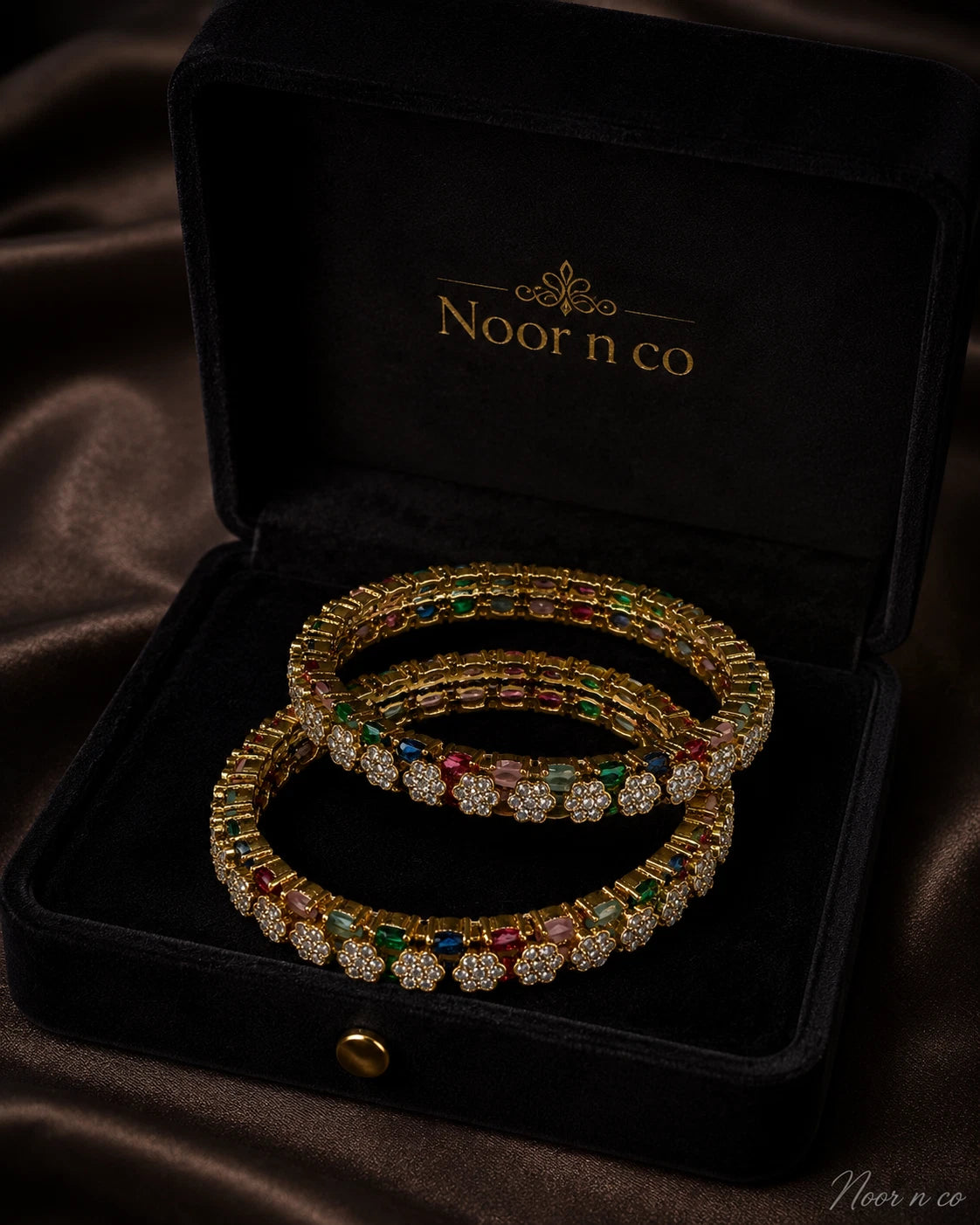 Multicolor CZ Flower Gold Tone Bangle Set Size 2.10 Indian Pakistani Jewelry