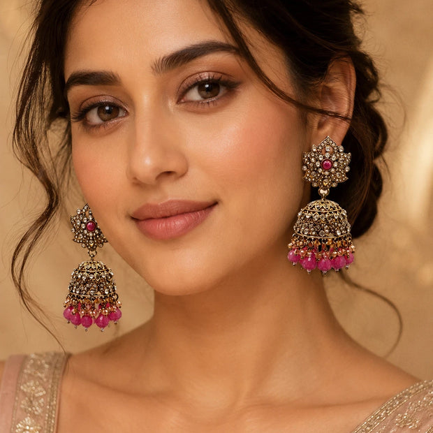 Traditional Pink Jhumka Statement Earrings