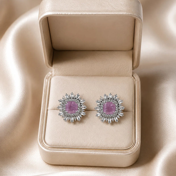 Pink Stone CZ Silver Tone Halo Stud Earrings Pakistani Indian Jewelry