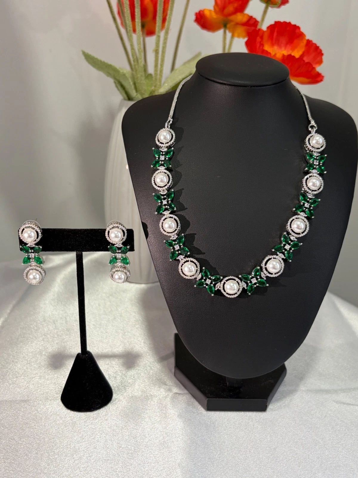 Emerald Green Pearl CZ Silver Tone Necklace Earrings Set