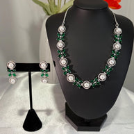 Emerald Green Pearl CZ Silver Tone Necklace Earrings Set