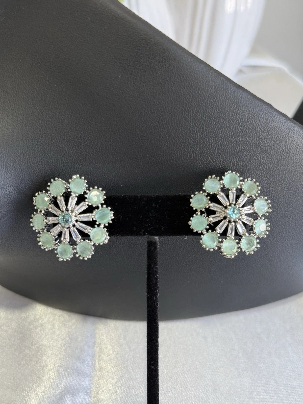 Mint Green CZ Floral Stud Earrings Silver Tone Pakistani Jewelry