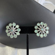 Mint Green CZ Floral Stud Earrings Silver Tone Pakistani Jewelry