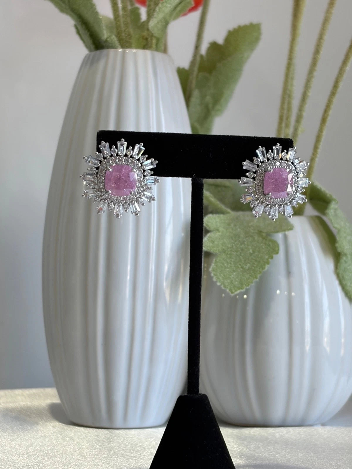 Pink Stone CZ Silver Tone Halo Stud Earrings Pakistani Indian Jewelry