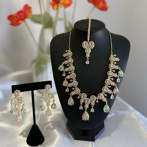 Pastel Pink Mint Gold Tone Necklace Earrings Tikka Pakistani Jewelry Set