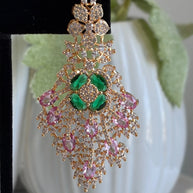 Green Pink CZ Gold Tone Chandelier Earrings Pakistani Indian Bridal Jewelry