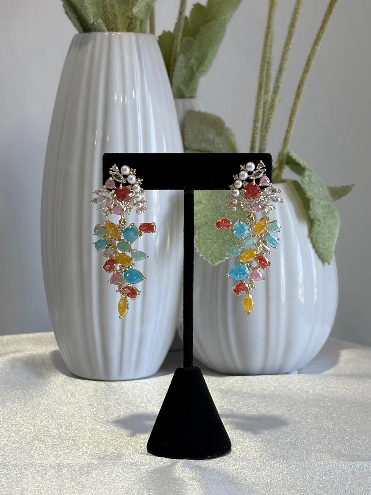 Multicolor Pearl CZ Gold Tone Drop Earrings Pakistani Indian Statement Jewelry
