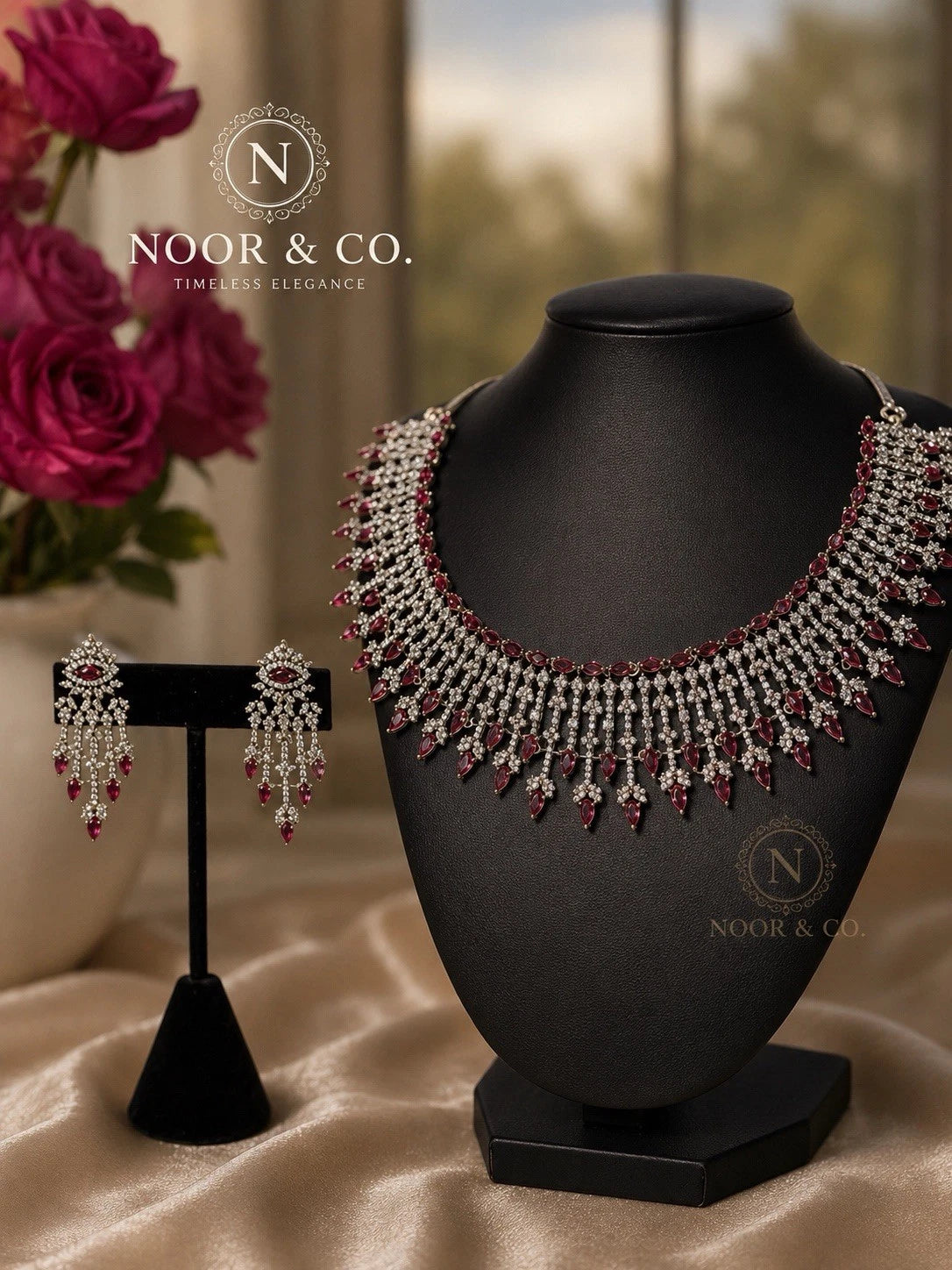 Crimson Cascade Statement Necklace & Earrings Set