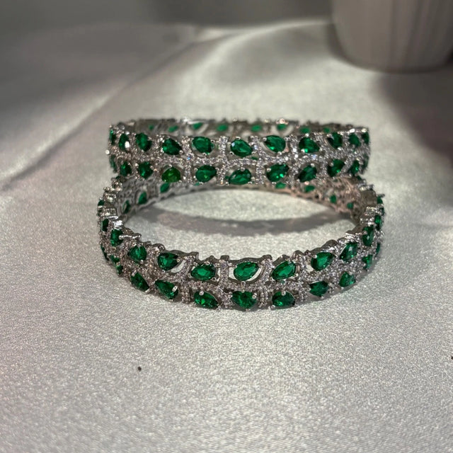 Emerald Green Silver Tone CZ Bangle Set Indian Pakistani Bridal Jewelry