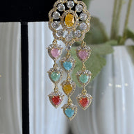 Multicolor Heart CZ Gold Tone Chandelier Earrings Pakistani Indian Jewelry