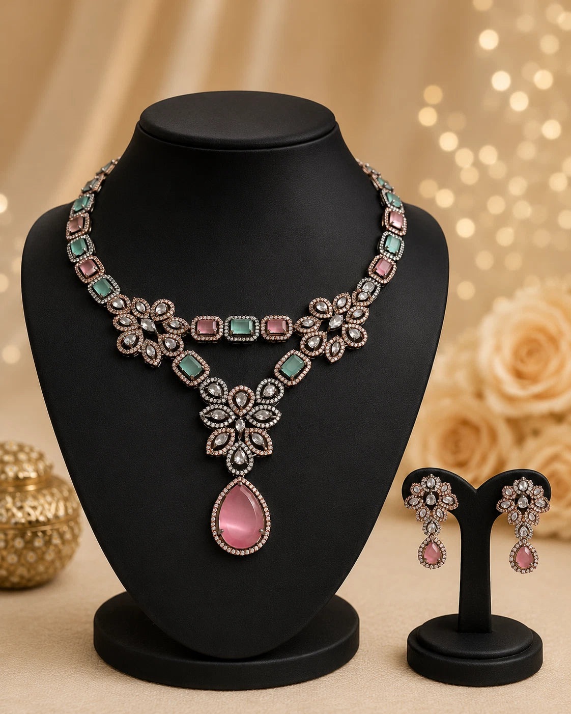 Vintage Inspired Pink- Green Crystal Jewelry Set – Statement Necklace & Earrings