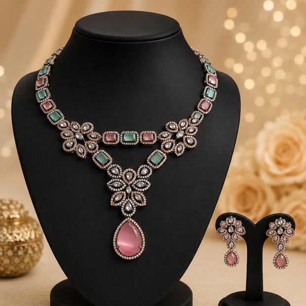 Vintage Inspired Pink- Green Crystal Jewelry Set – Statement Necklace & Earrings