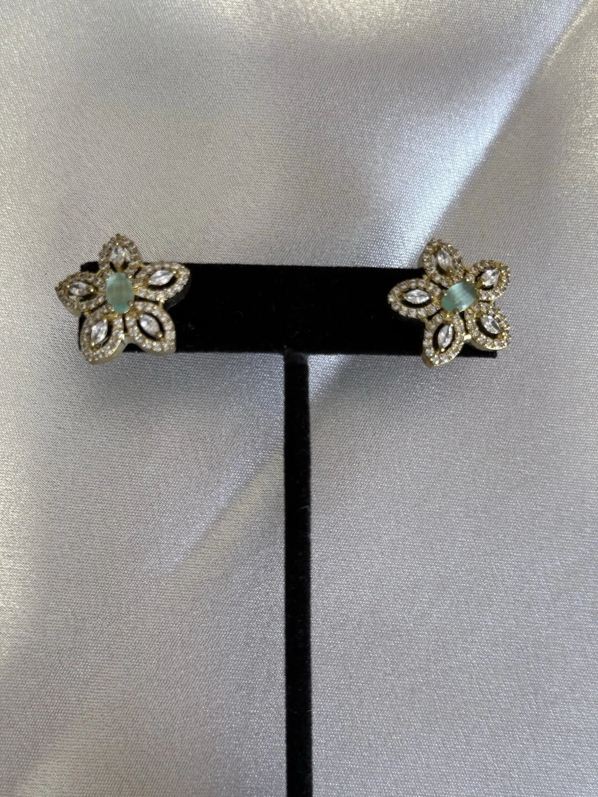 Mint Green CZ Flower Stud Earrings Gold Tone Party Jewelry