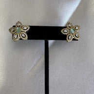 Mint Green CZ Flower Stud Earrings Gold Tone Party Jewelry