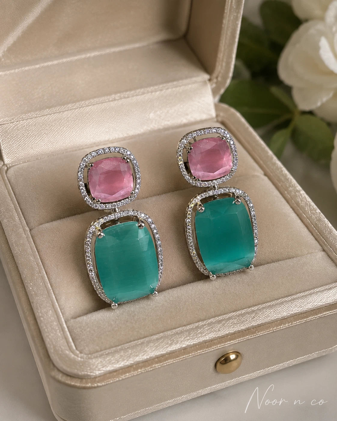 Pink Teal CZ Drop Earrings Silver Tone Statement Fashion Jewelry