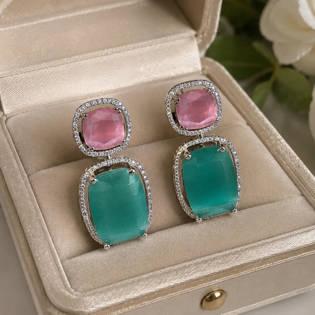 Pink Teal CZ Drop Earrings Silver Tone Statement Fashion Jewelry