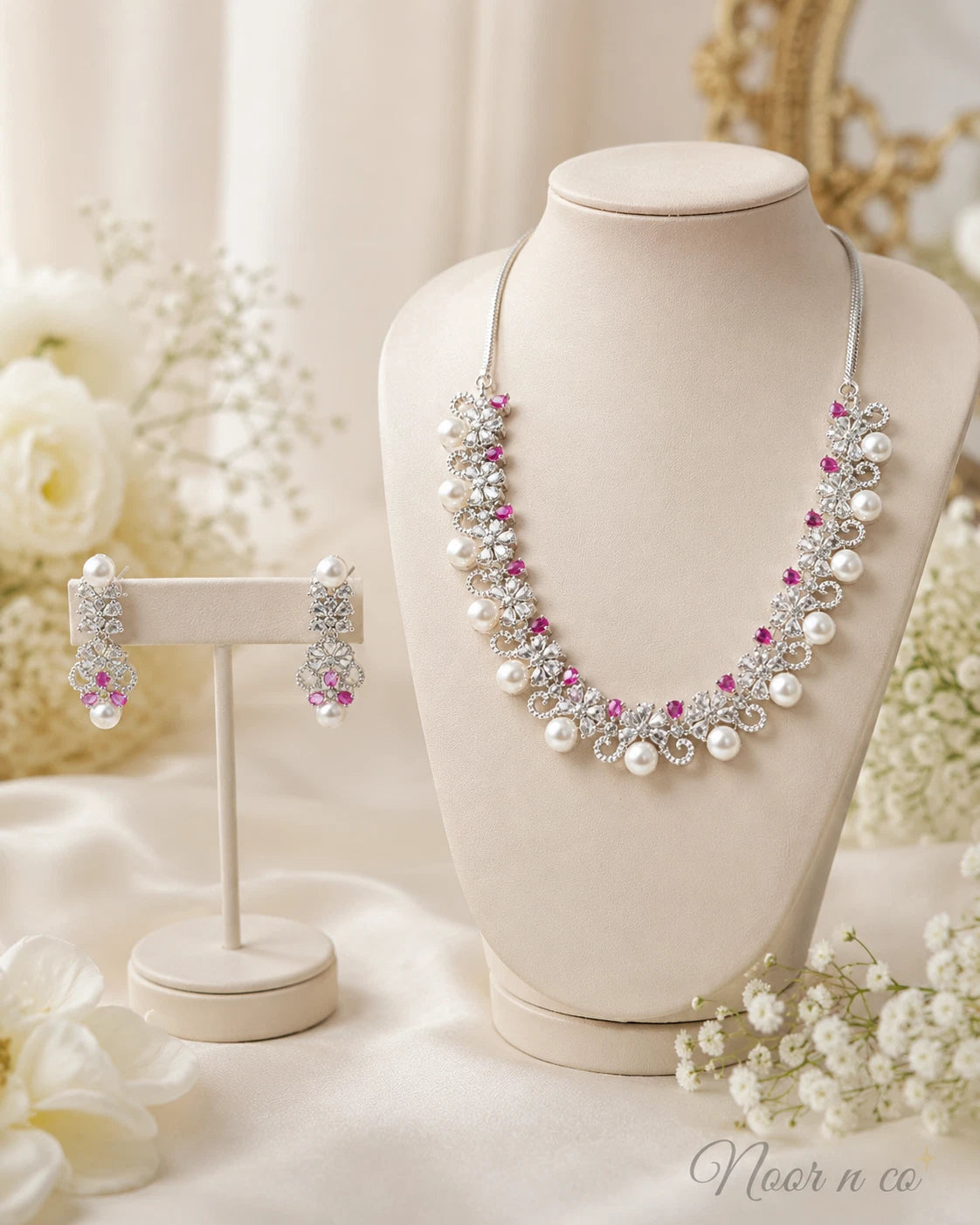 Pink Pearl CZ Silver Tone Necklace Earrings Set Indian Pakistani Bridal Jewelry