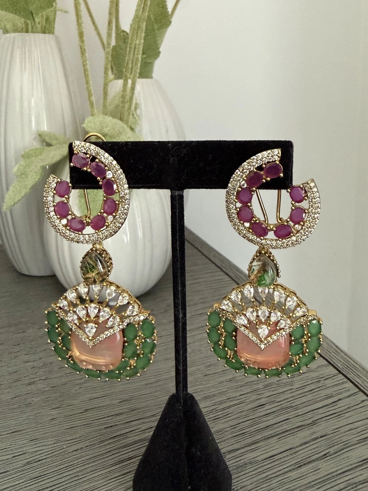 Luxury Pink & Green Statement Earrings | Pakistani Jewelry | Bridal Earrings