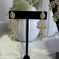 Mint Green CZ Necklace & Earrings Set Silver Tone Pakistani Jewelry