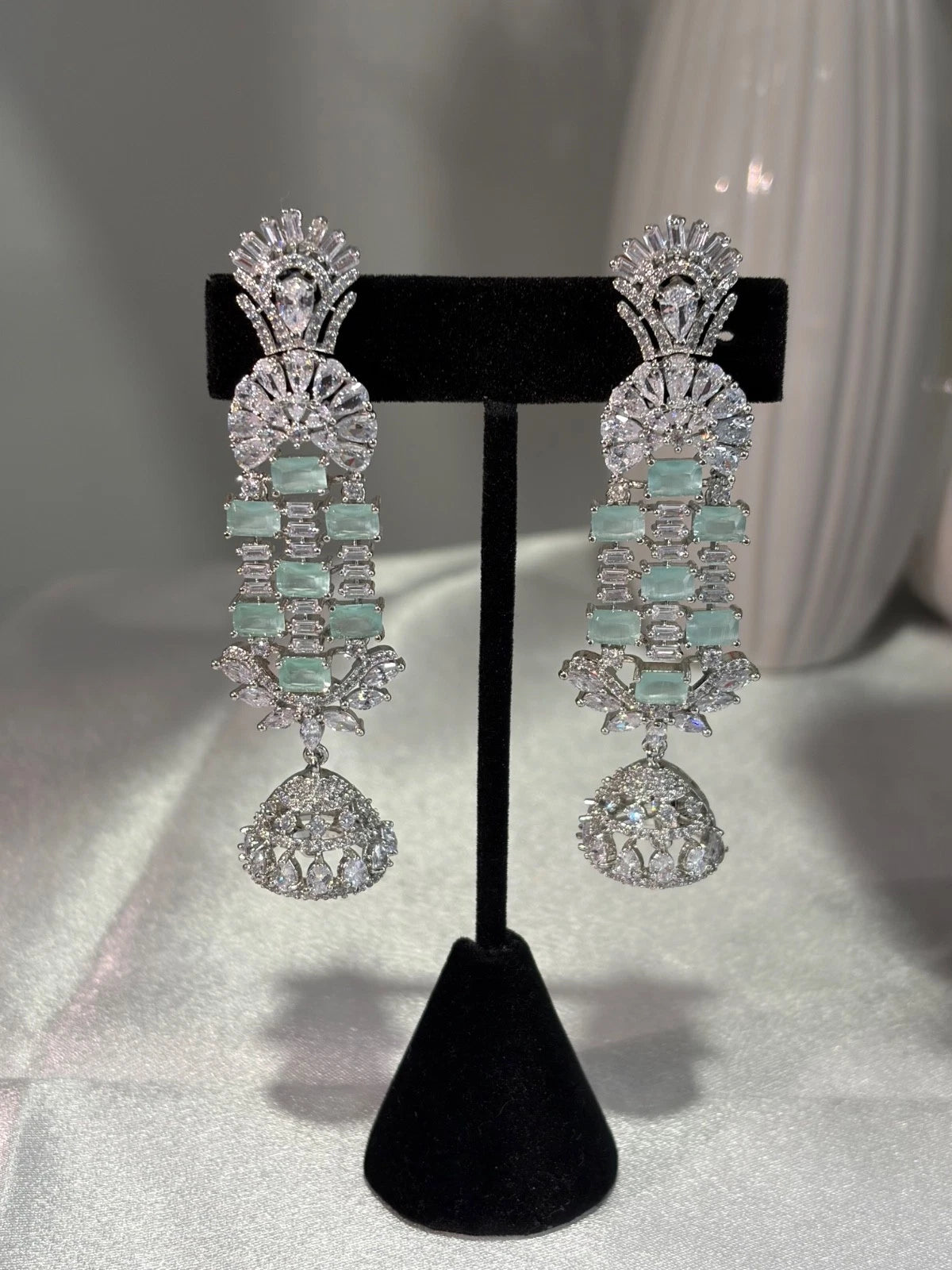 Mint Green CZ Silver Tone Chandelier Jhumka Earrings Pakistani Indian Jewelry