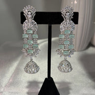 Mint Green CZ Silver Tone Chandelier Jhumka Earrings Pakistani Indian Jewelry