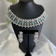 Mint Green CZ Choker Necklace Earrings Set Silver Tone Pakistani Jewelry