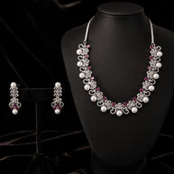 Pink Pearl CZ Silver Tone Necklace Earrings Set Indian Pakistani Bridal Jewelry