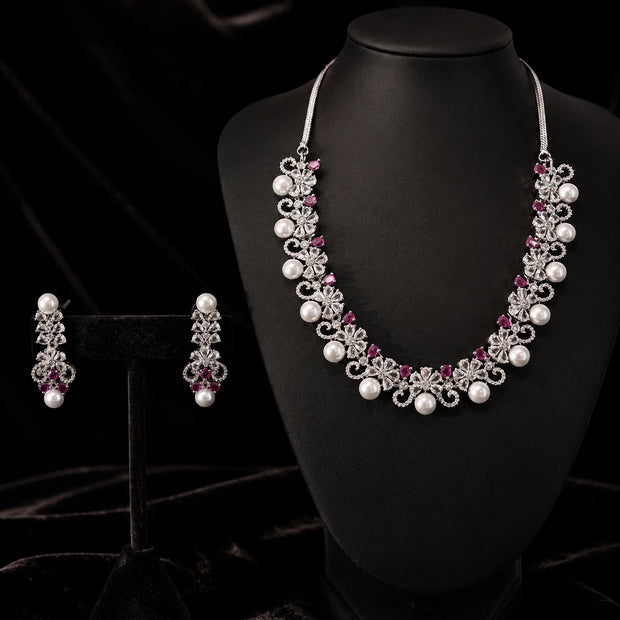 Pink Pearl CZ Silver Tone Necklace Earrings Set Indian Pakistani Bridal Jewelry
