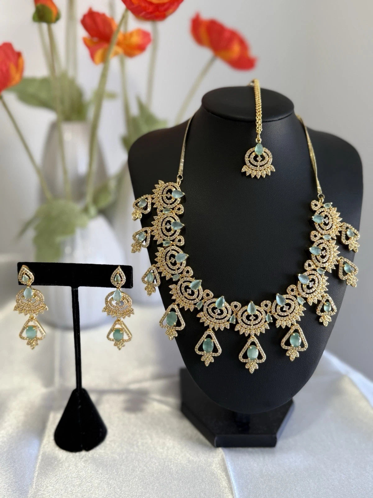 Mint Green CZ Necklace & Earrings Set Silver Tone Pakistani Jewelry