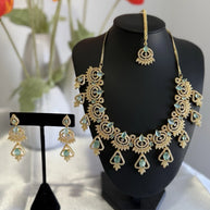 Mint Green CZ Necklace & Earrings Set Silver Tone Pakistani Jewelry