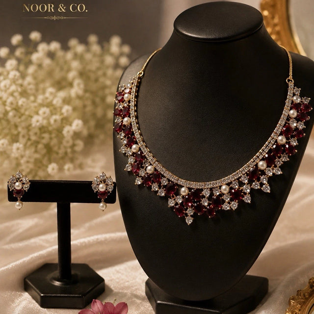 Ruby Pearl & Emerald Pearl Royale American Diamond Necklace Set