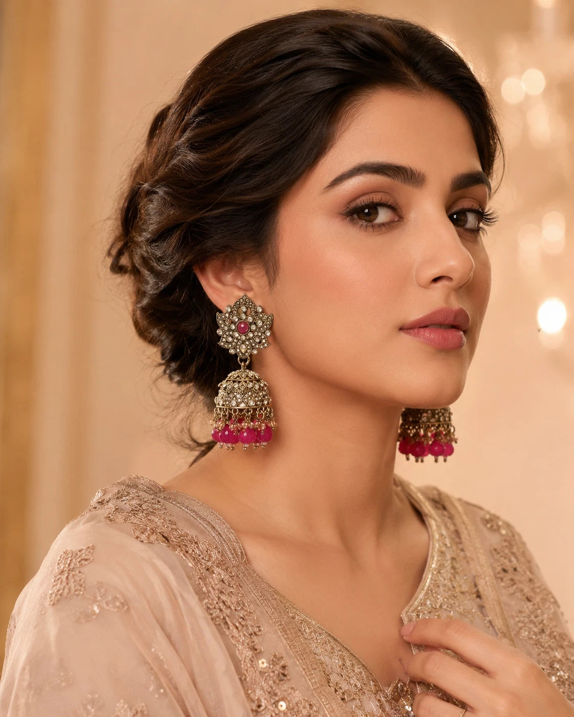 Traditional Pink Jhumka Statement Earrings