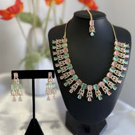 Pastel Pink Mint CZ Necklace Earrings Tikka Set Gold Tone Jewelry