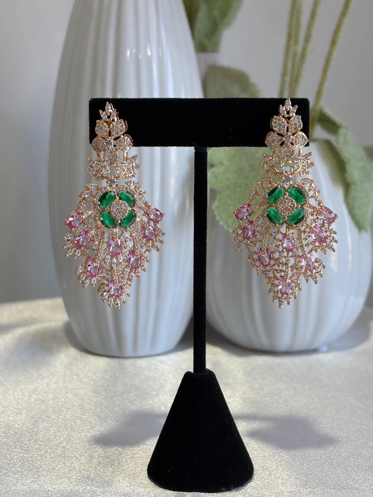 Green Pink CZ Gold Tone Chandelier Earrings Pakistani Indian Bridal Jewelry