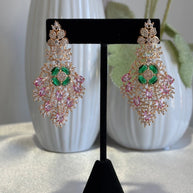 Green Pink CZ Gold Tone Chandelier Earrings Pakistani Indian Bridal Jewelry