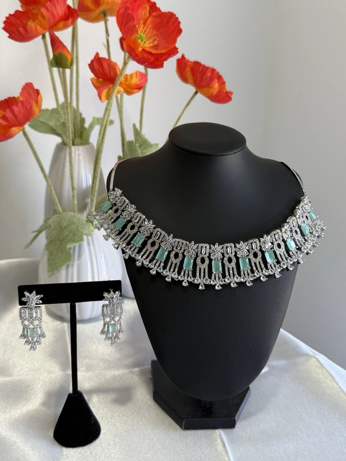 Mint Green CZ Choker Necklace Earrings Set Silver Tone Pakistani Jewelry