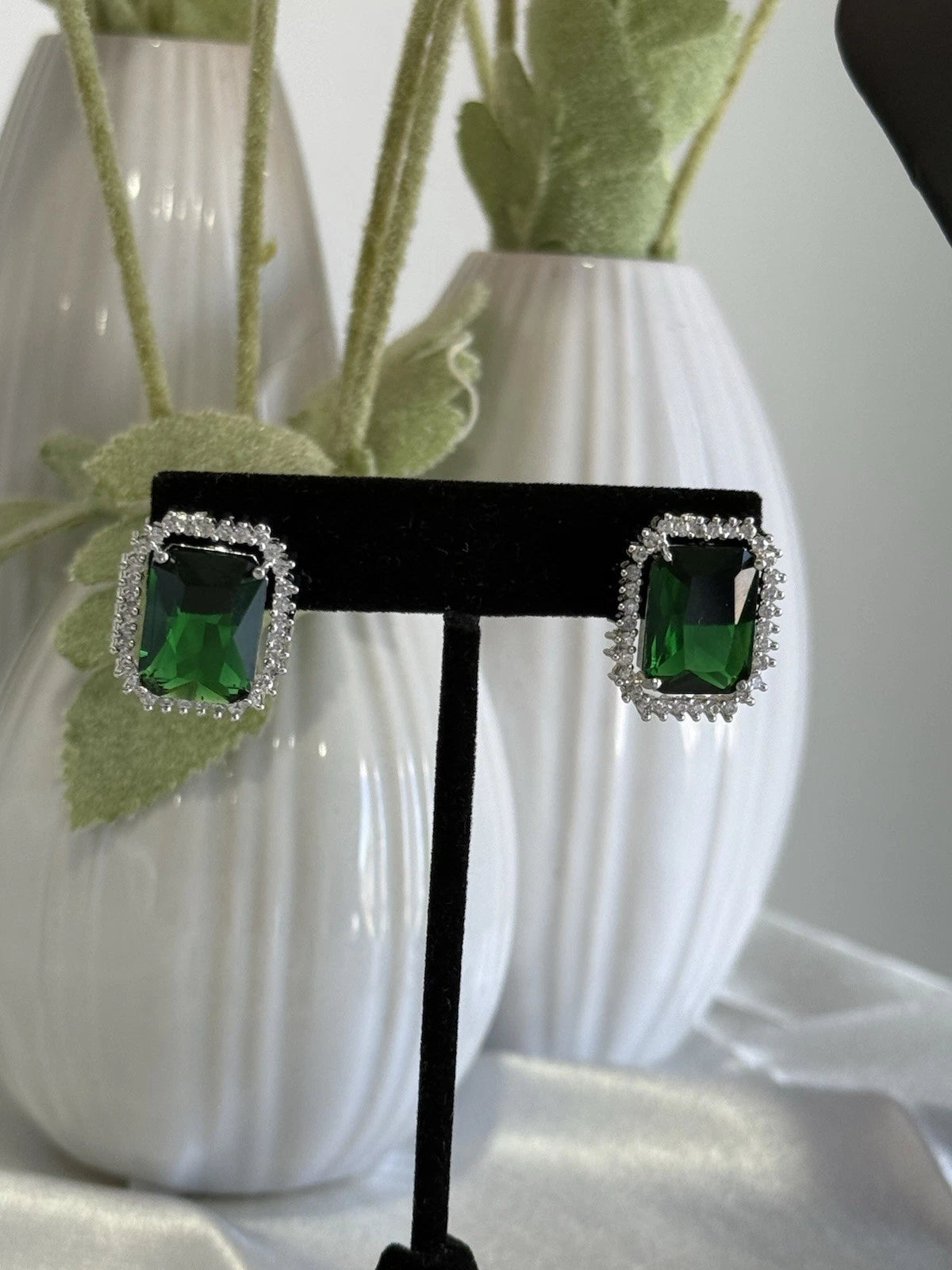 Emerald Green CZ Rectangle Stud Earrings Silver Tone Party Jewelry