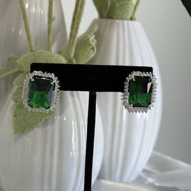 Emerald Green CZ Rectangle Stud Earrings Silver Tone Party Jewelry